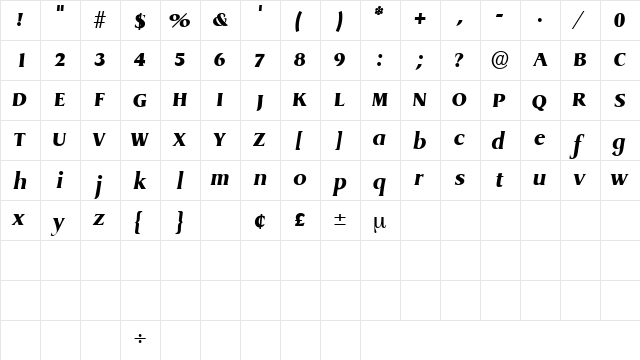 BaryonDisplaySSK Italic  glyph index
