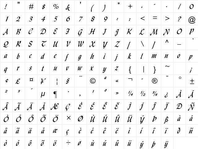 Lydian MT Std Cursive  glyph index