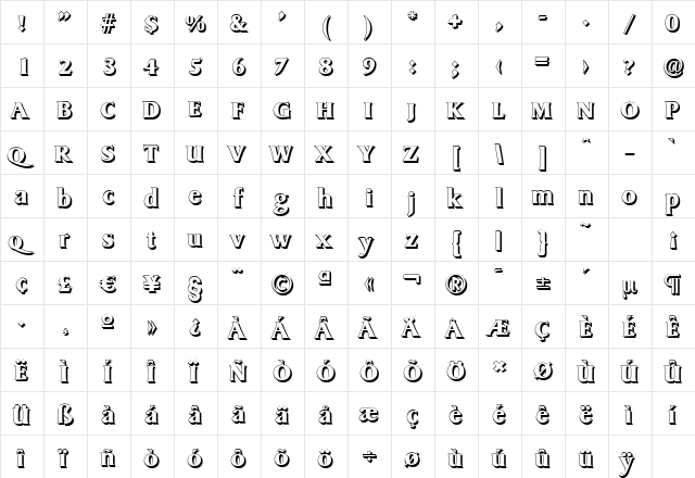 SydneyShadow Bold  glyph index