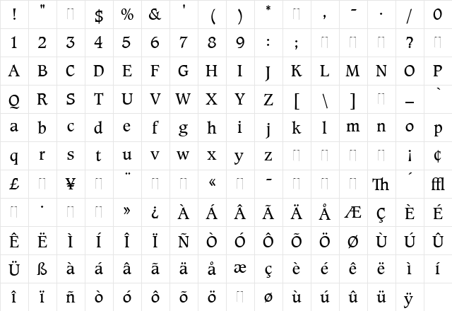 Caxton Roman Book Regular  glyph index