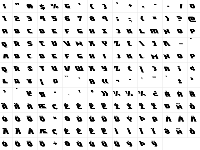 Ninja Garden Leftalic Italic  glyph index