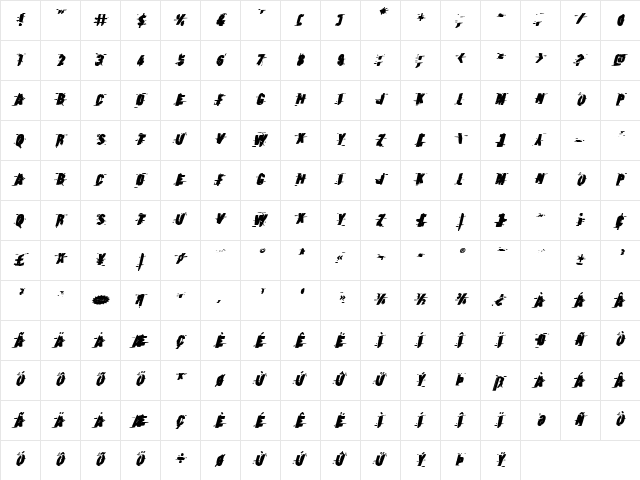 Earthshake Bold Italic Bold Italic  glyph index