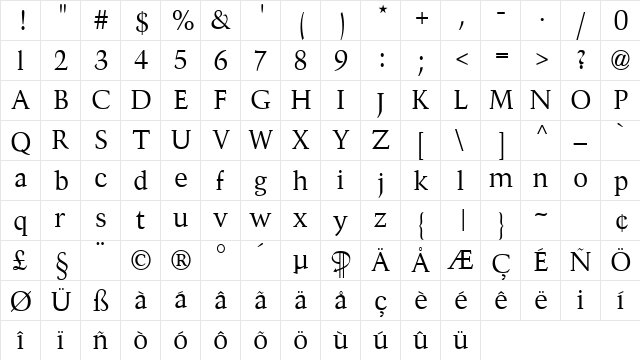 Divona Regular  glyph index