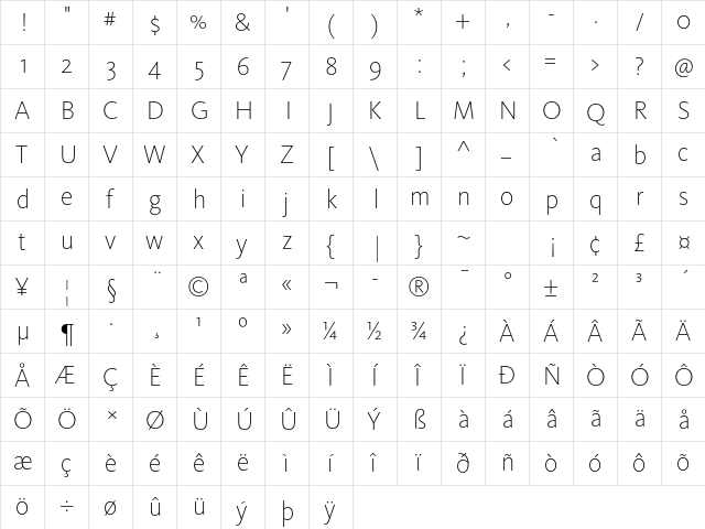 KievitOT-ExtraLight Regular  glyph index