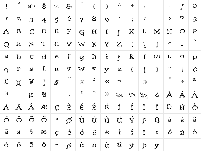 Teebone Regular  glyph index