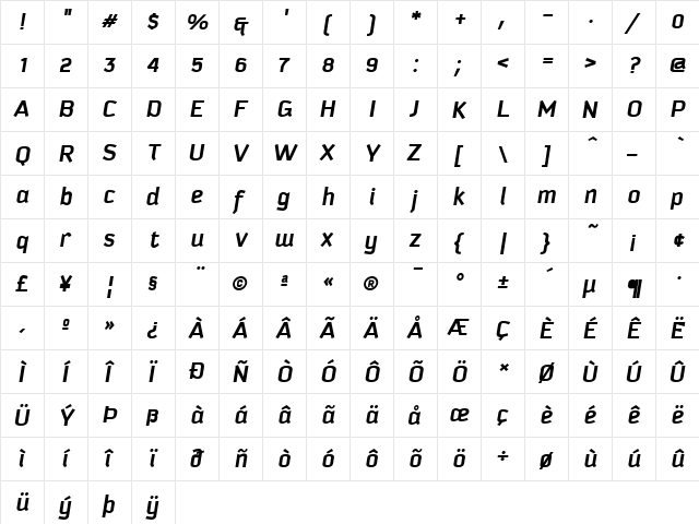 Kautiva Bold Italic  glyph index