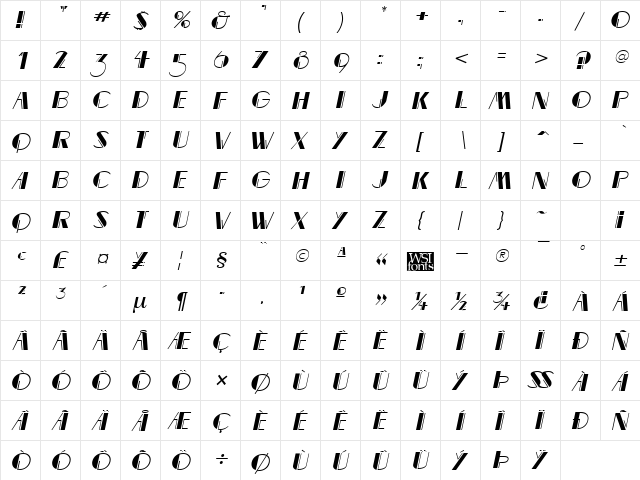 MarqueeMieux Italic  glyph index