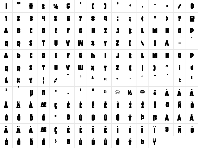 Racket Squad Condensed Condensed  glyph index