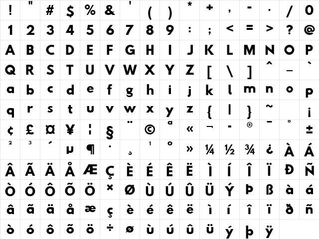 Hussar Bd  glyph index