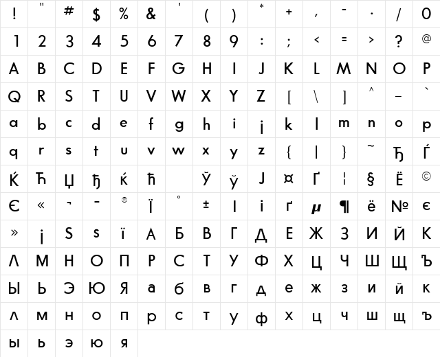 Glasnost Regular  glyph index