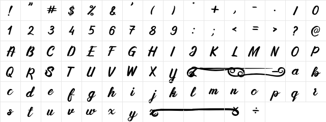 Silky & Milky Regular  glyph index