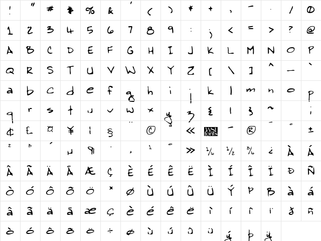 EmmettsHand Regular  glyph index