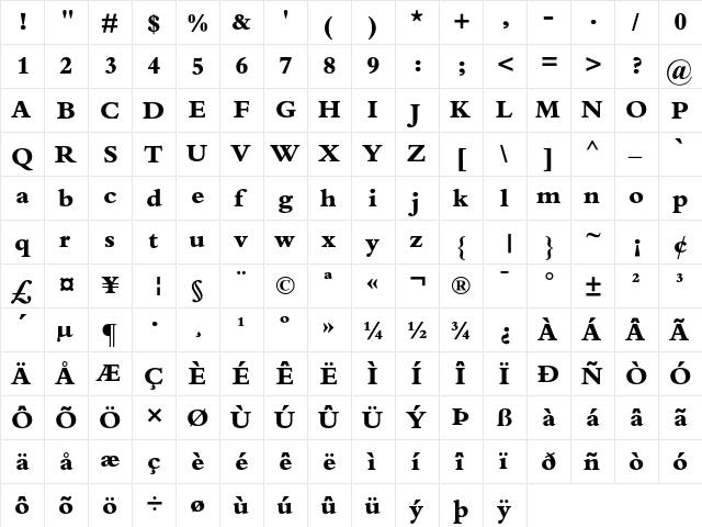 Bembo Extra Bold  glyph index