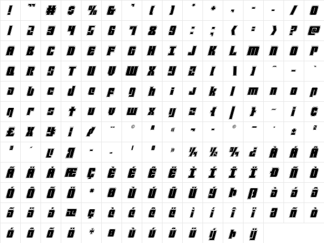Mobile Infantry Academy Italic Italic  glyph index