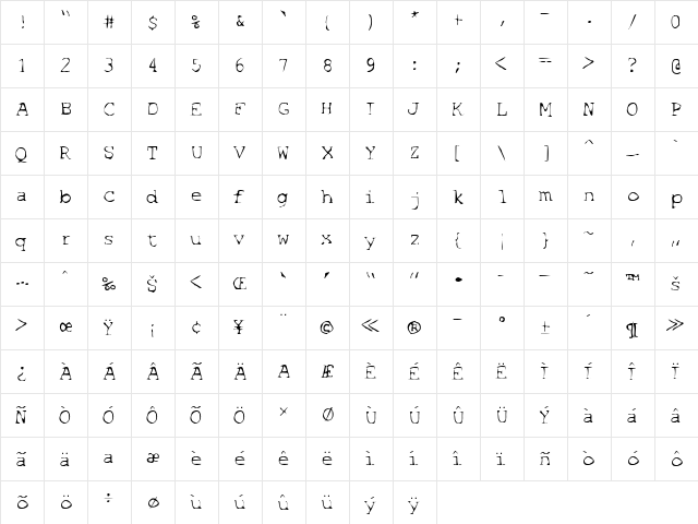 SF Espionage Light Regular  glyph index