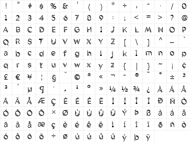 Shockwave Regular  glyph index
