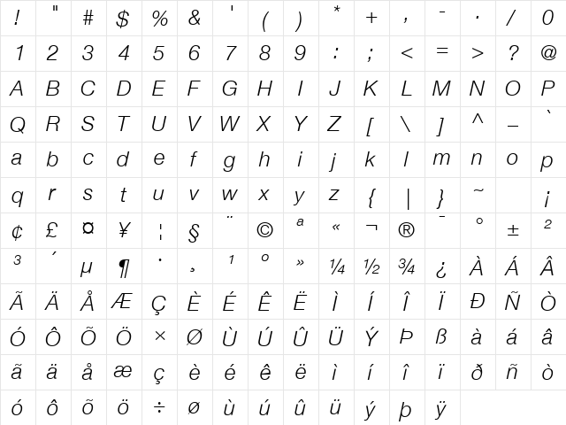 Helvetica Neue Light Italic  glyph index