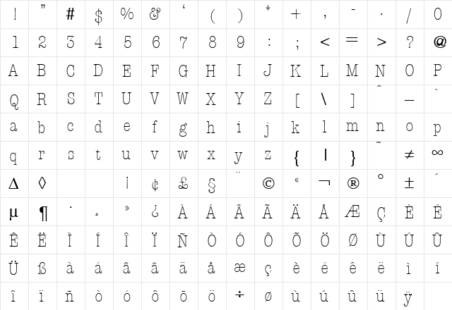 ModernTypewriterCondLight Regular  glyph index