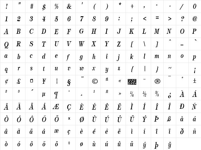 TimbrelCondensed Bold Italic  glyph index