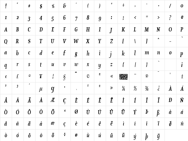 OldstyleCondensed Bold Italic  glyph index