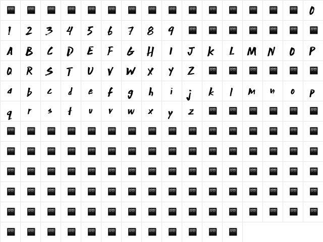 Extra Mile - Demo Regular  glyph index