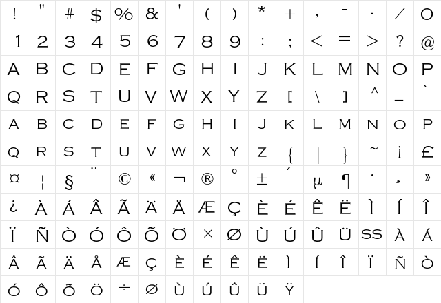 Copperplate BQ Regular  glyph index