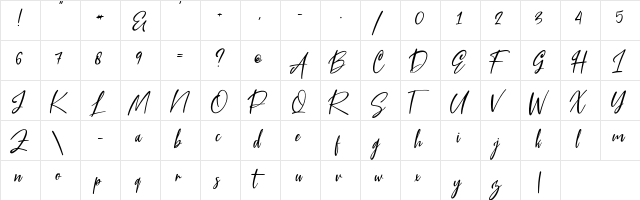Blue Pen Regular  glyph index