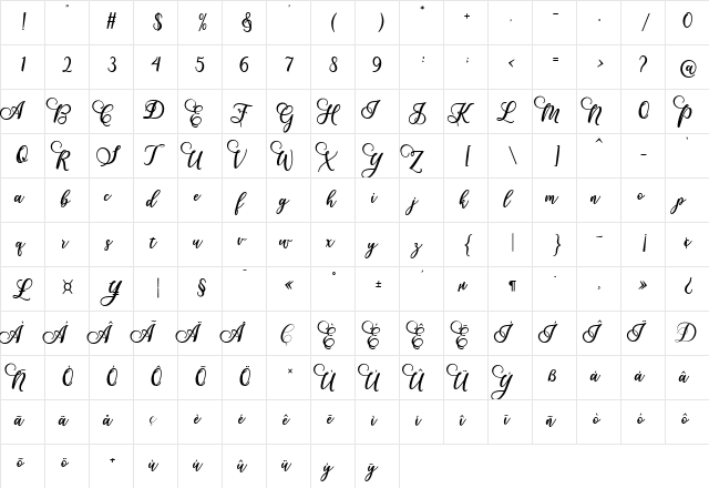 Gloretha Regular  glyph index