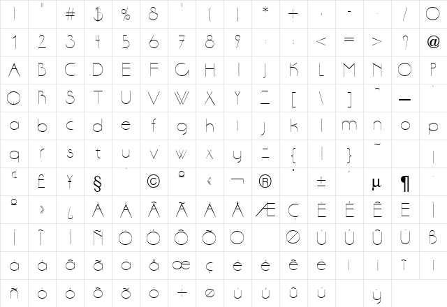 Aase Light Regular  glyph index