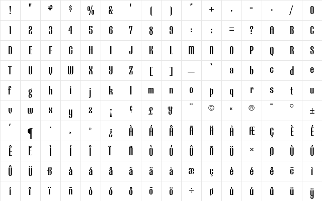Radiant CG Bold ExtraCond Regular  glyph index