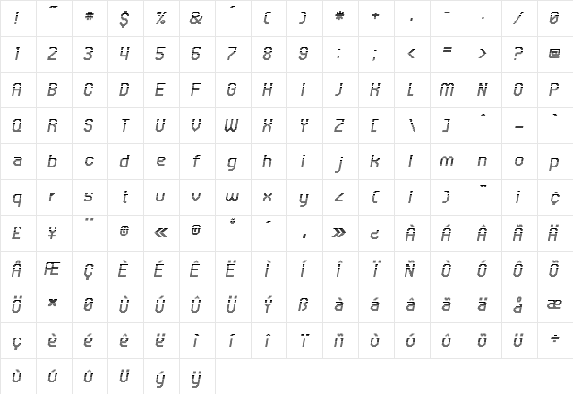 UNDA Regular  glyph index
