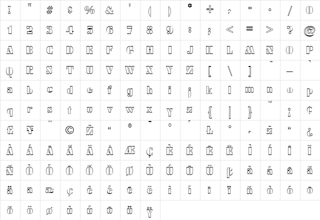 FuturamaOutline Regular  glyph index