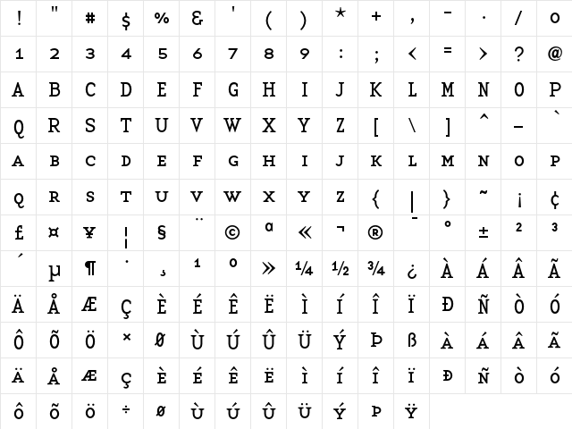 BaseTwelveSerifSmallcaps Roman  glyph index