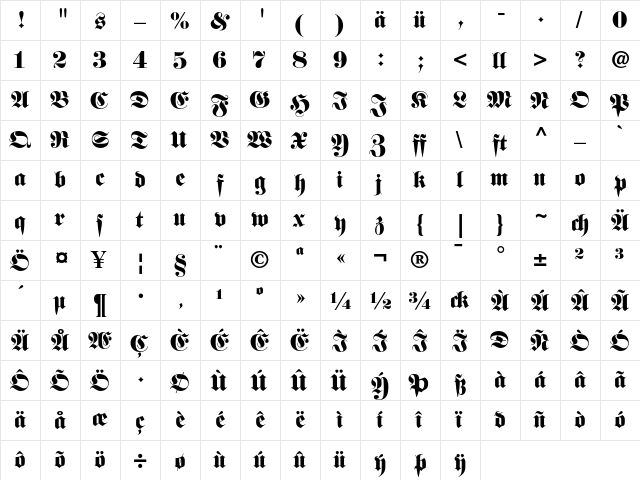 Fette Fraktur LT Dfr  glyph index