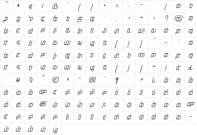 Jakone CondensedItalic  glyph index