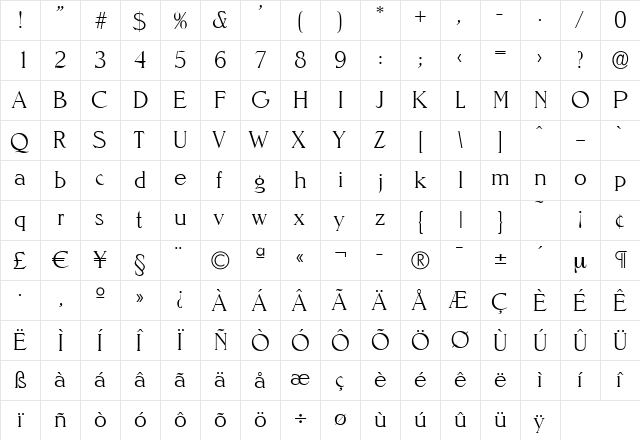 RonaldBecker-ExtraLight Regular  glyph index