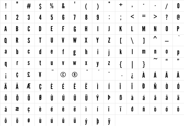 League Gothic Regular  glyph index