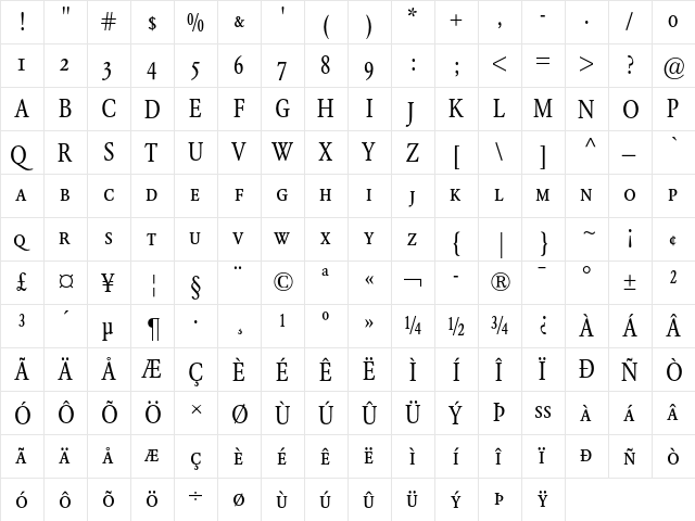 Garamond BE Condensed SC  glyph index