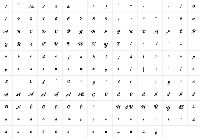LHF Royal Script BETA Regular  glyph index