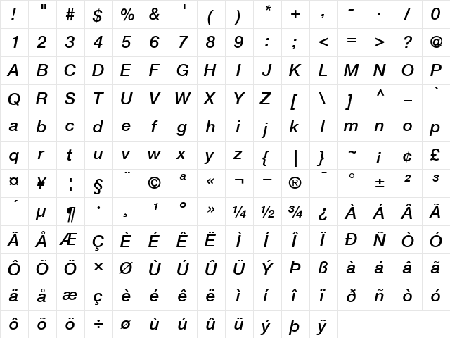 Helvetica66-Medium MediumItalic  glyph index