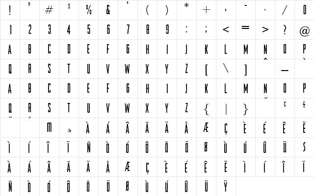 OPTIRaleigh Regular  glyph index