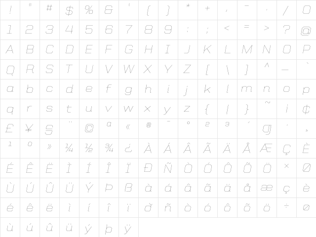 United Italic SemiExt Thin  glyph index