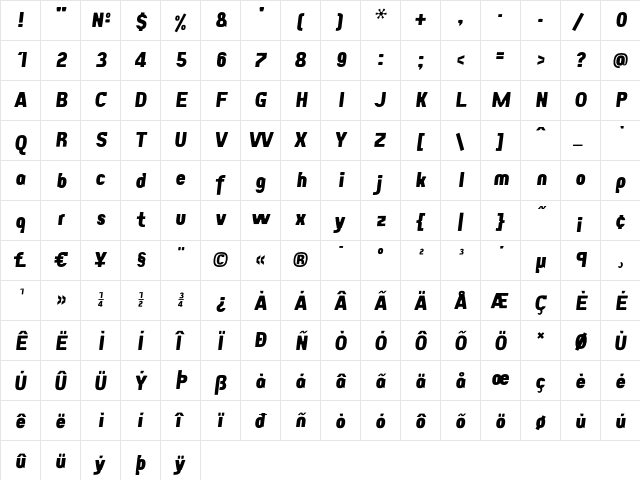 Eunuverse ExtraBoldItalic  glyph index