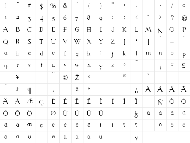 Graybar Book Regular  glyph index