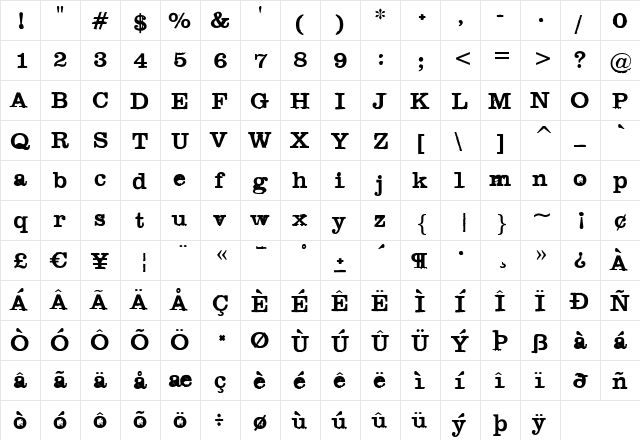 Black Widow Black  glyph index