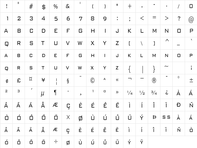 BankGothicCondensed Regular  glyph index