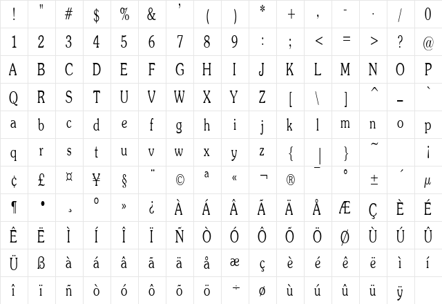 SouvienneCondensed Regular  glyph index