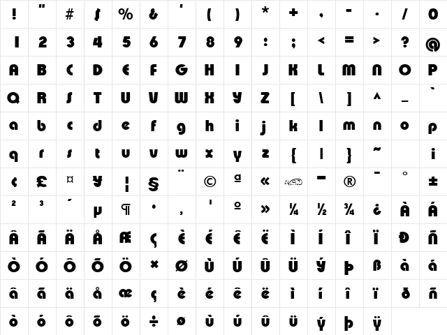 XpressiveBlack Regular  glyph index