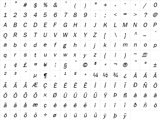 Franklin Gothic SSi Book Italic  glyph index