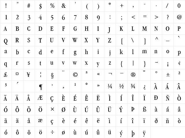 Garamond BookCondensed  glyph index